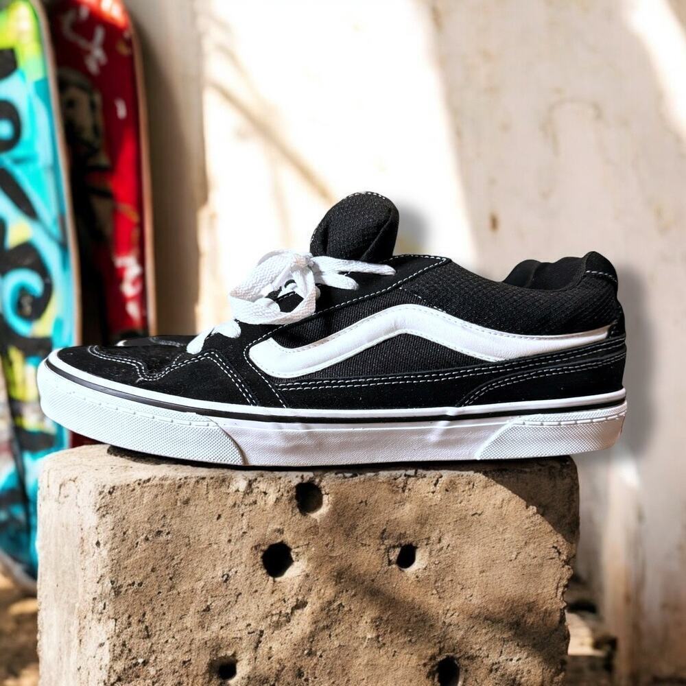 Vans Caldrone Shoes Mens Black Suede White Trim Lace Up Skate Sneakers Sz 12
